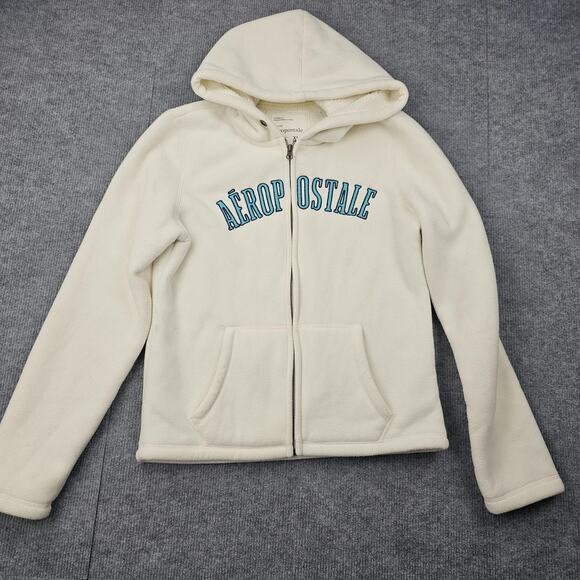 Vintage Aeropostale Hoodie Womens XL Y2K White Fleece Full Zip Logo Minimal Cozy - Picture 1 of 6